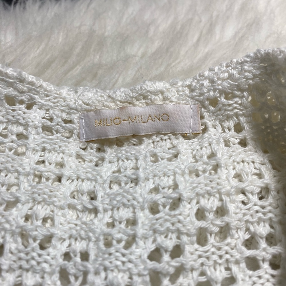 Milio Milano White Crochet Short Sleeves Button-Down Sweater Sz-M/L - Picture 4 of 5